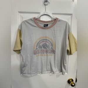 MV Sport White Tee with Pink Trim & Pale Yellow Sleeves